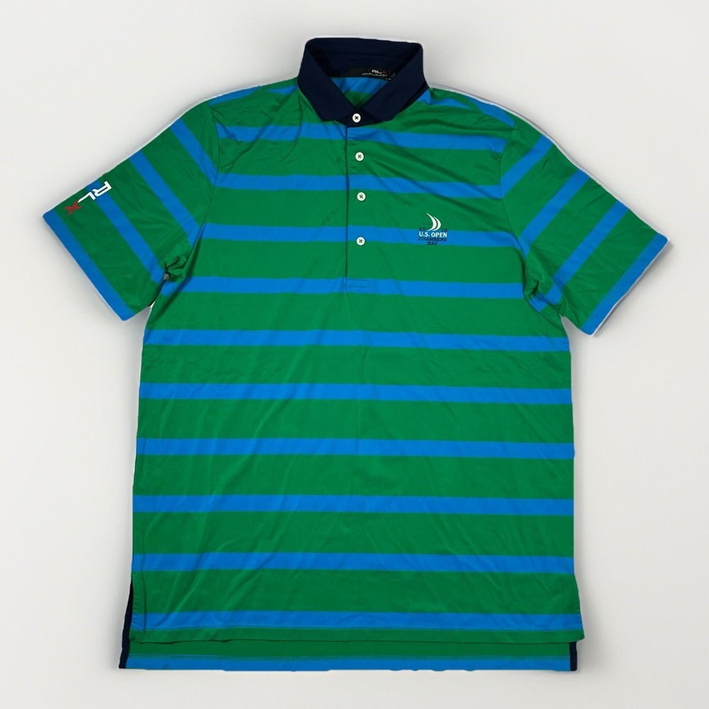 Polo‎ Ralph Lauren RLX Shirt Mens Large Green Striped Golf Performance Polo Logo